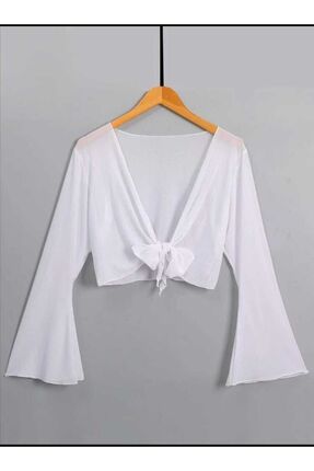 Kadın Ispanyol Kollu Bağlamalı Uzun Kollu Tarz Bolero Beyaz Bluz