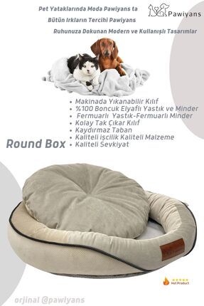 Round Box Kedi ve Köpek Yatağı Üst Kalite Yıkanabilir 2 Fermuarlı, Kılıf Astarlı %100 Elyaf