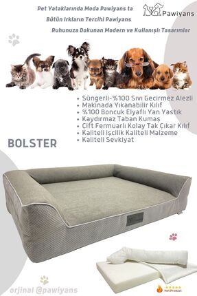 Bolster Üst Kalite Köpek Yatağı Süngerli Kılıflı Sıvı Geçirmez Alezli 2 Fermuarlı