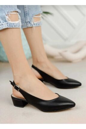 Kadın Topuklu Ayakkabı Sivri Arka Açık Cilt Kısa Topuklu Ayakkabı