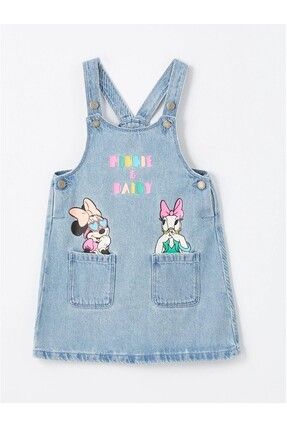 LCW baby Kare Yaka Askılı Minnie Mouse Baskılı Kız Bebek Jean Elbise