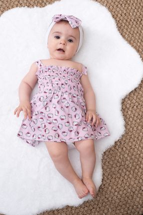 Hello Kitty Görselli Bandanalı Yazlık Bebek Elbise-Pembe