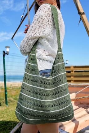 Kadın Çizgili Triko Örgü Çapraz Askılı Gündelik El&omuz Ve Plaj Çantası Yeşil Beyaz Chax804