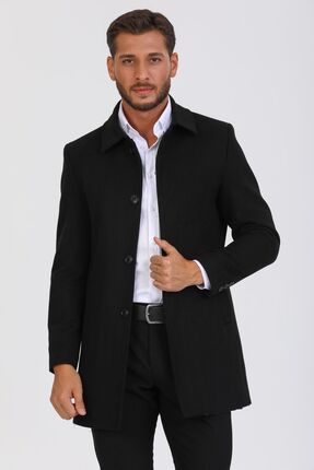 Erkek Siyah Dar Kesim Yün Karışımlı Kaşe Gömlek Yaka Palto Kaban
