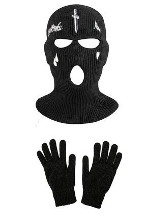 Örme Unisex Kılıç Gözyaşı Nakışlı Kar Maskesi Örme Eldiven Set Siyah