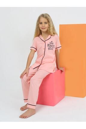 Kız Çocuk Kısa Kollu %100 Pamuklu Düğmeli Pijama Takımı Princess