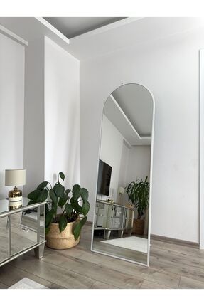 Beyaz Metal Çerçeveli Ayaklı Oval Boy Aynası 180x60 Cm