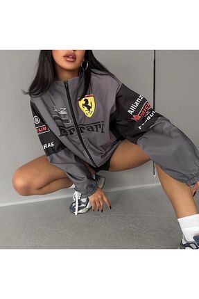 Ferrari Unisex Paraşüt Kumaş Oversize Dijital Baskılı Siyah Rüzgarlık Yağmurluk