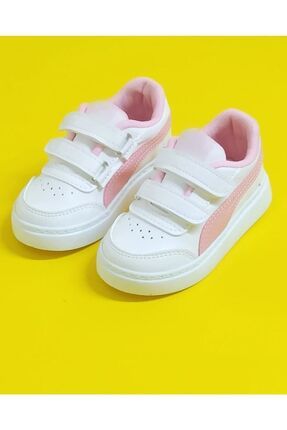 Çocuk Ayakkabı Beyaz Pembe, Yumuşak Dikişli Kaydırmaz Taban Cırtlı Kids Sneakers