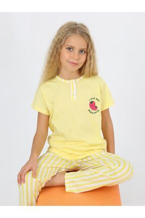 Kız Çocuk Kısa Kollu %100 Pamuklu Strawberry Pijama Takımı Sarı