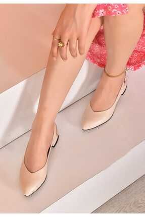 Kadın Arkası Açık Bej Cilt 3 Cm Topuklu Rahat Klasik Ayakkabı