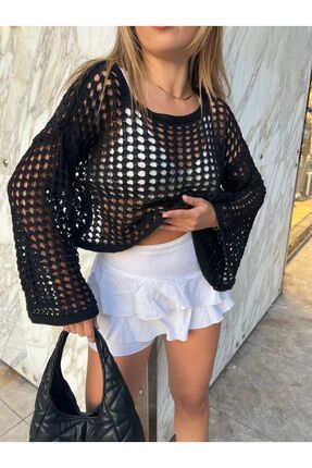 Kadın Ispanyol Kol Geniş Yaka Ajurlu Salaş Delikli Crop Triko Bluz