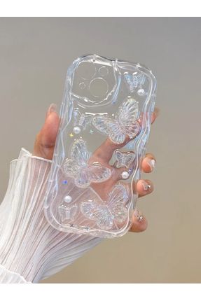 iPhone 15Plus/14Plus Şeffaf Kamera Korumalı Sevimli 3D Kelebek Süslü ve Simli Yanları Dalgalı Kılıf