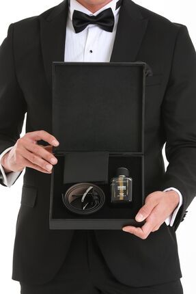 Erkek EDP Parfüm Cüzdan Kemer 3'lü Ahşap Kutulu Set Damat Bohçası Seti