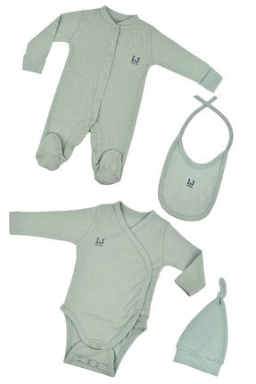 4'lü Bebek Body Set,Tulum+Zıbın+Şapka+Mama Önlüğü,%100 Organik Pamuk Bebek Hediye Set,Yenidoğan Set