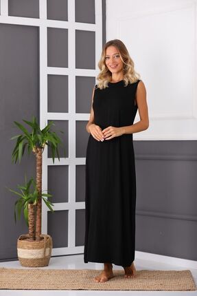Kadın Terletmeyen Pamuklu Penye Siyah Kolsuz Içlik Uzun Jüpon Astar Kombinezon Elbise