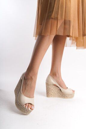Kadın Beleon Krem Cilt 11 cm Platfomlu Dolgu Topuklu Ayakkabı