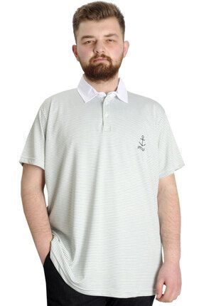 Mode Xl Büyük Beden Erkek T-shirt Polo Yaka Çizgili Kagı 23340 Yeşil