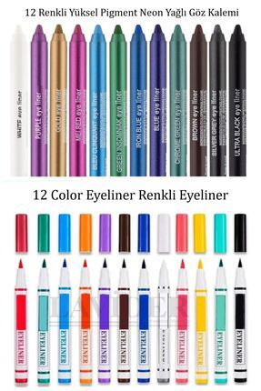 24'LÜ SET 12 Renkli Yüksel Pigment Neon Yağlı Göz Kalemi + 12'li Renkli Eyeliner