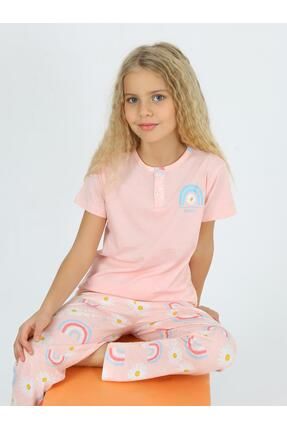 Kız Çocuk Kısa Kollu %100 Pamuklu Düğme Detaylı Rainbow Pijama Takımı