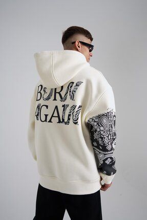 Erkek Skull Baskılı Kapüşonlu Ekru Sweatshirt