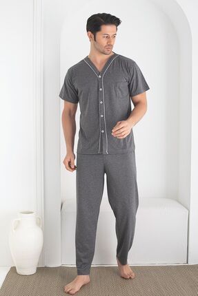 Erkek Füme Önden Düğmeli Kısa Kollu Altı Uzun Penye Örme Kumaş Yazlık Pijama Takımı