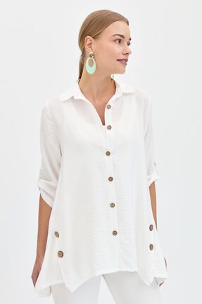 Kadın Yanları Düğmeli Oversize Gömlek Beyaz