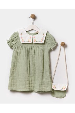 Yakalı Büzgü Kollu Çantalı Kız Çocuk/Bebek Elbise 9-24 Ay