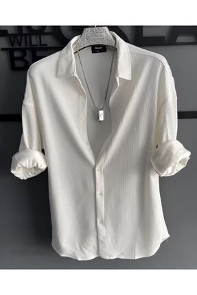 Erkek Yazlık Beyaz Fitilli Ottoman Dokulu Oversize Gömlek