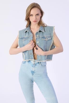 Taşlı Sıfır Kol Püsküllü Denim Ceket