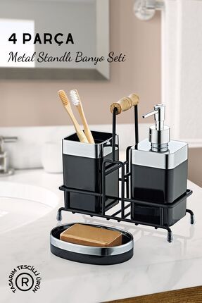 Metal Standlı Krom Detaylı Banyo Seti Siyah- Sıvı Sabunluk Katı Sabunluk Diş Fırçalık