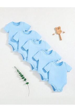 Organik %100 Pamuklu Mavi 5li Bebek Body Zıbın Kısa Kollu Baby Bodysuit