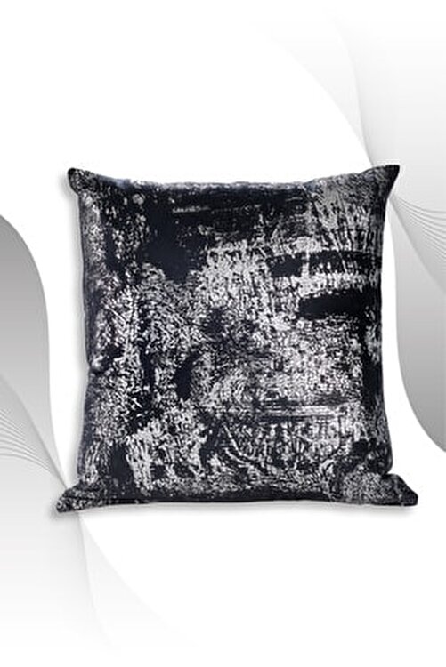 ÖZENEV Siyah Gümüş Kırlent Kılıfı Dekoratif Desenli Kadife Yumuşak Salon Koltuk 1