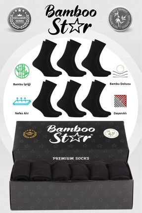 Bambu Erkek Soket Uzun Düz Siyah Çorap Dikişsiz 6'lı Premium Kutulu