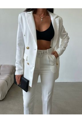 Beyaz Gold Düğmeli Astarlı Blazer Ceket