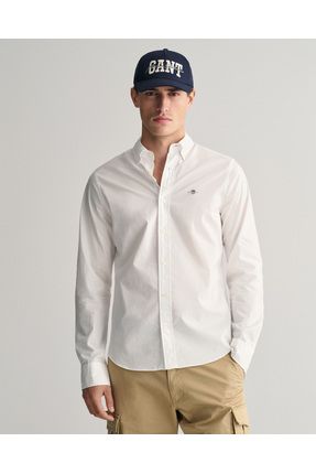 Erkek Beyaz Slim Fit Düğmeli Yaka Broadcloth Gömlek
