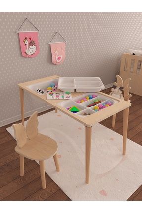 Twin 3 Sepetli Doğal Boyasız Ahşap Montessori Çok Amaçlı Oyun ve Aktivite Masası
