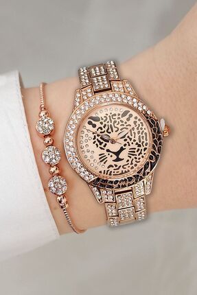 Rose Gold Leopar Detaylı Taşlı Kadın Kol Saati + Zirkon Taşlı Bileklik