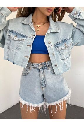 5408 Çift Cep Yıkamalı Trend Kadın Crop Denim Ceket