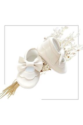 Kız Bebek Makosen Ayakkabı Beyaz Fiyonklu Lastikli İlk Adım Ayakkabısı