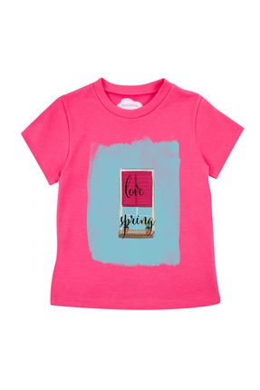 Kız Çocuk %100 Pamuk Fuşya Love Spring Baskılı Kısa Kol Tshirt