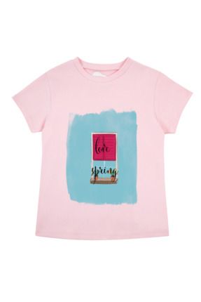 Kız Çocuk %100 Pamuk Pembe Love Spring Baskılı Kısa Kol Tshirt