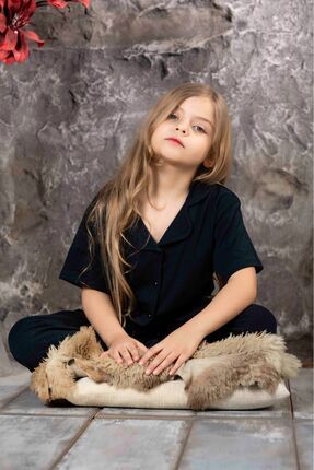 Kız Çocuk Siyah Renk Kısa Kol Gömlek Pijama Takımı