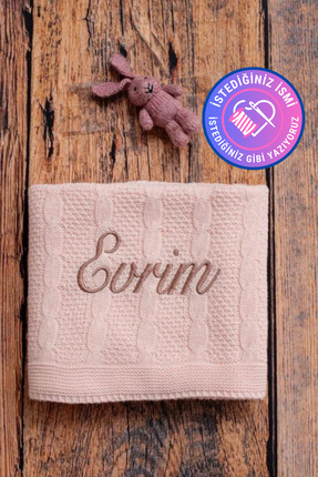 Bebek Battaniyesi Kişiye Özel Isimli Nakışlı Oeko Sertifikalı Desenli Triko Örgülü Açık Pudra - tinykiddesign