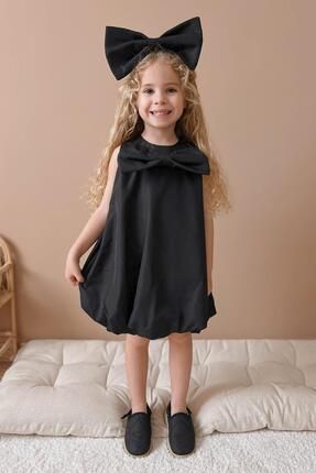Siyah Fiyonk Detaylı Kız Çocuk Balon Elbise - Lolita