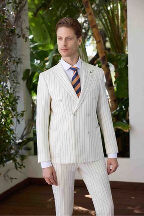 Erkek Beyaz Poliviskon Trend Kruvaze Slim Fit Sivri Yaka Takım Elbise