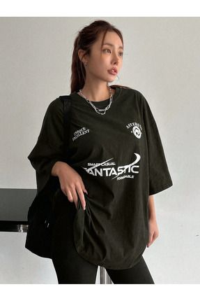 Fantastıc Süprem T-Shirt -Siyah Baskılı Oversize Bisiklet Yaka Tişört