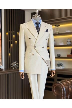 İtalyan stil slim fit çizgili ceket pantolon takım elbise bej T11834