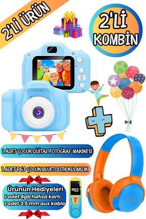 2'li Kombin 1 Adet P63 Kulaküstü Bluetooth Kulaklık + 1 Adet Çocuk Dijital Fotoğraf Makinesi