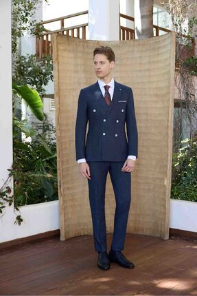 Erkek Lacivert Poliviskon Trend Kruvaze Slim Fit Sivri Yaka Takım Elbise